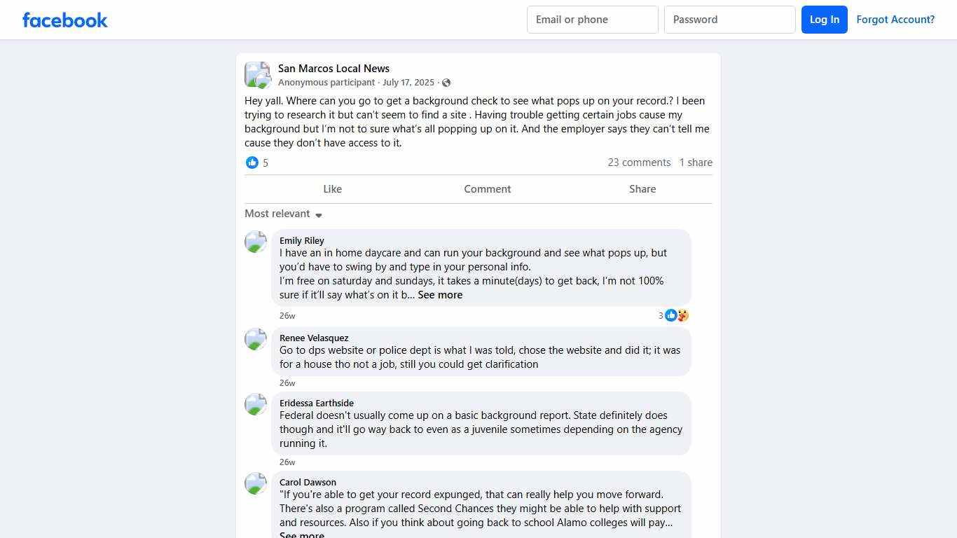 San Marcos Local News | Hey yall. Where can you go to get a background check to see what pops up on your record. | Facebook